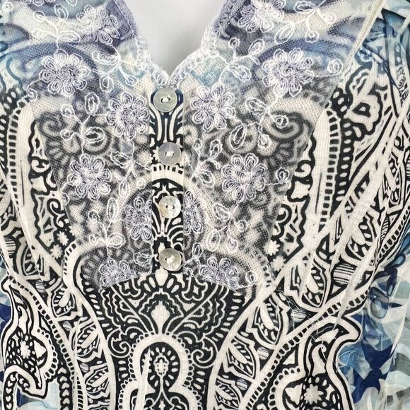 One World Womens V-Neck Lace Trim Tunic Top PXL Blue & Cream Paisley - Picture 9 of 10